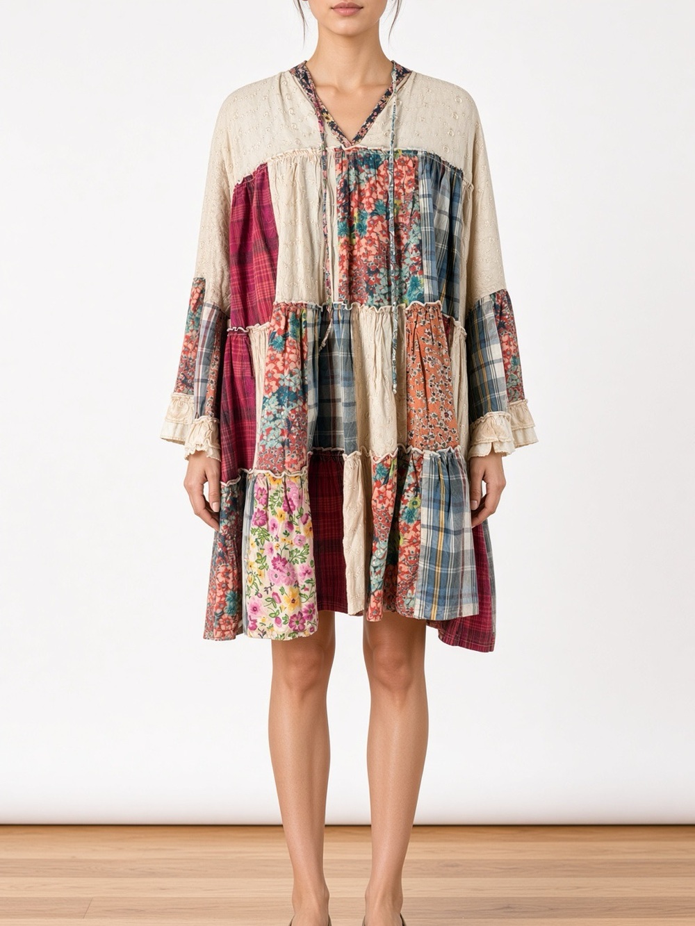Young Threads M Patchwork Tunic Dress Boho Floral Plaid Viscose